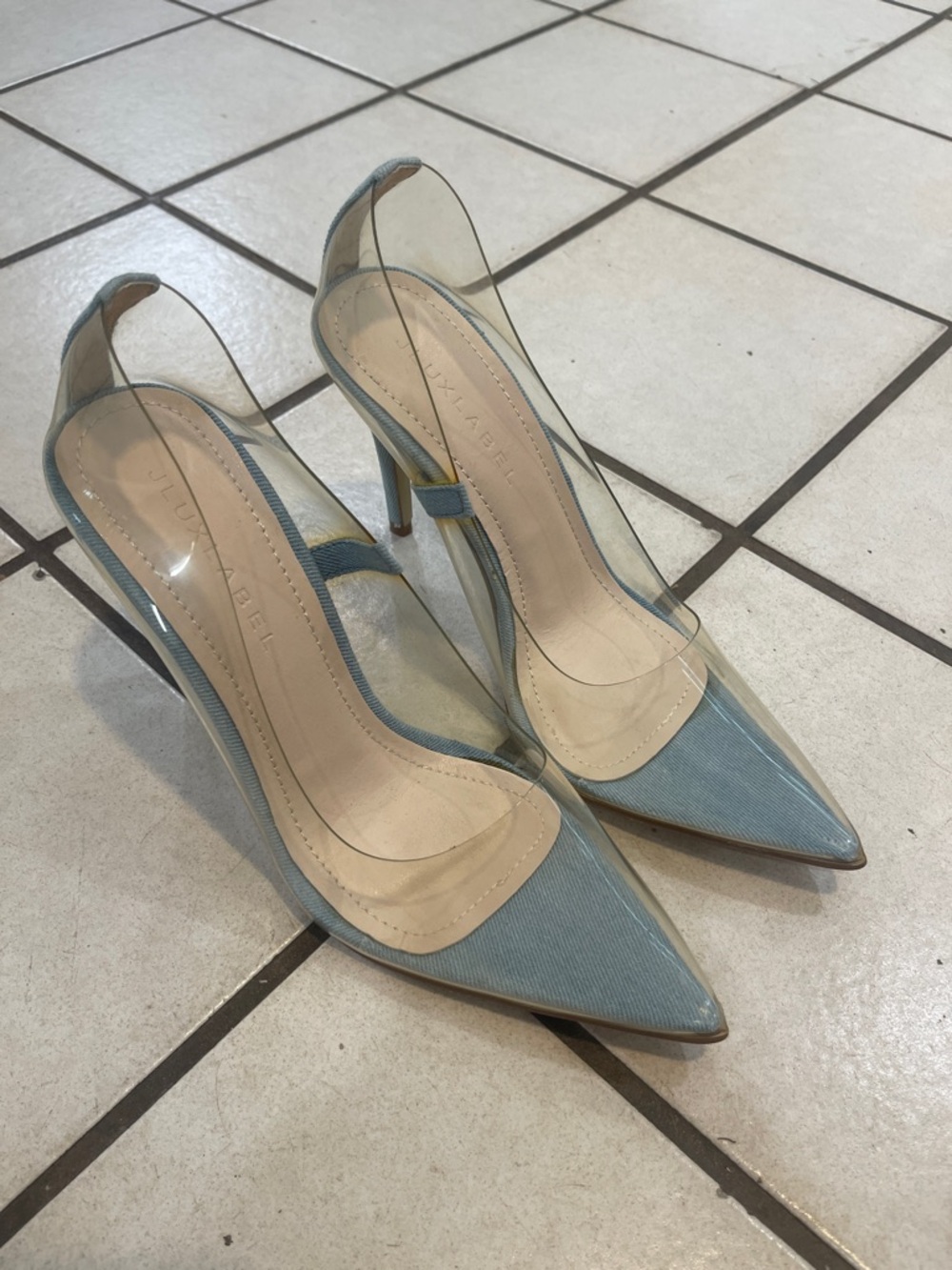 Clear Panel Pointed-Toe Slingback Heels in Light Blue denim